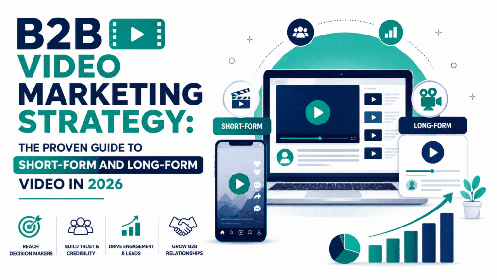 Illustration of a video play button splitting into short-form and long-form paths representing B2B video marketing strategy