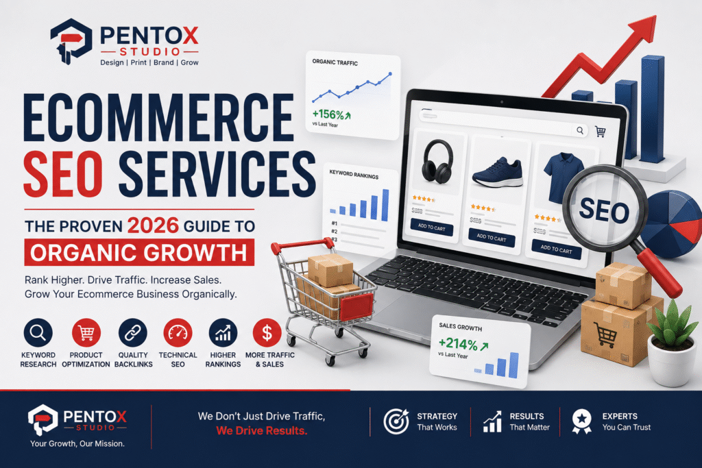 Illustration of an online storefront connected to a data feed and schema tag representing ecommerce SEO services