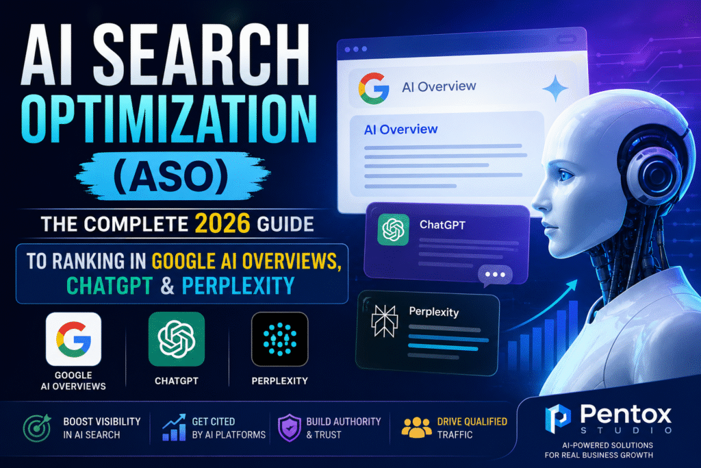 AI Search Optimization guide illustration showing AI-driven search connecting to Google AI Overviews, ChatGPT, and Perplexity