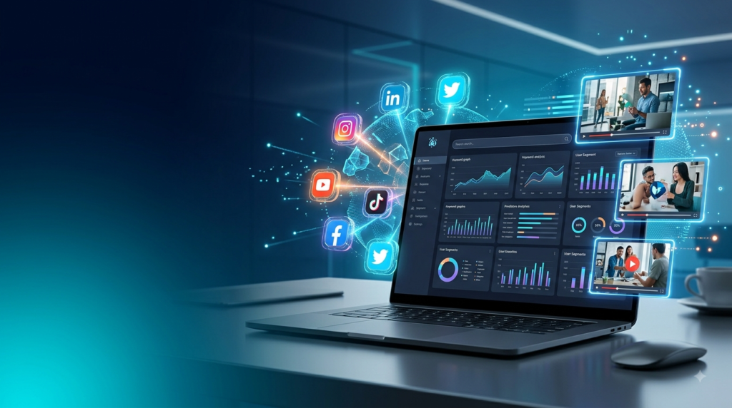 Digital marketing trends 2026 illustration showing AI search, social media, and video marketing strategies for business growth