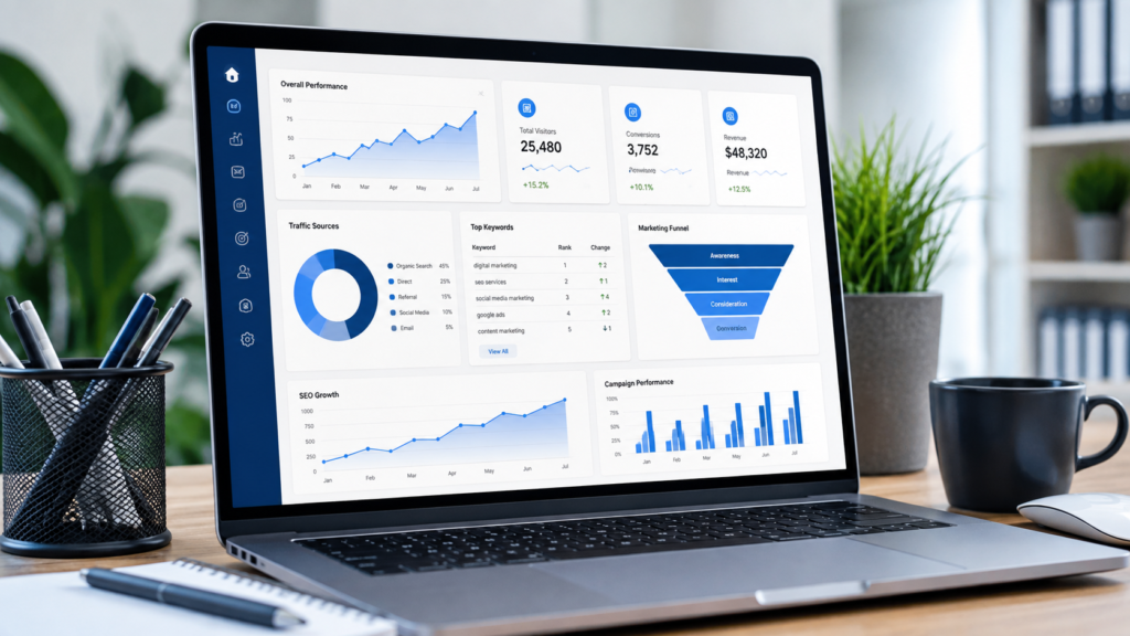 digital marketing strategy dashboard with SEO and growth charts