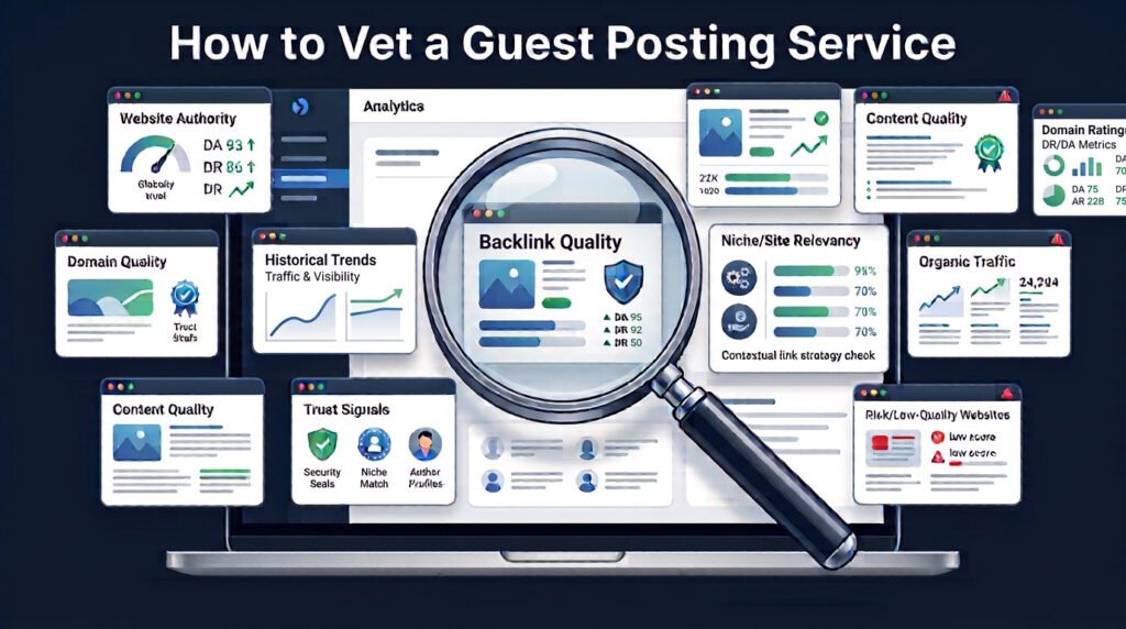 Illustration of a magnifying glass vetting website options, representing how to evaluate a guest posting service