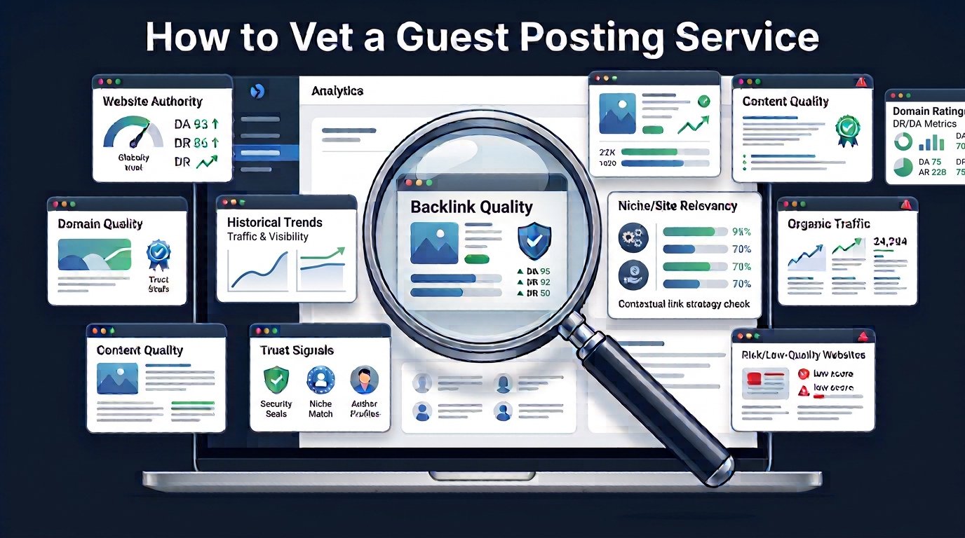 Illustration of a magnifying glass vetting website options, representing how to evaluate a guest posting service